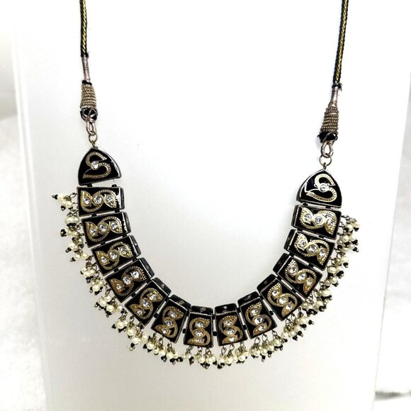 Ethnic-Inspired Black/Gold Beaded Necklace W/Intricate Detailing & Adjust. Cord - Picture 1 of 4